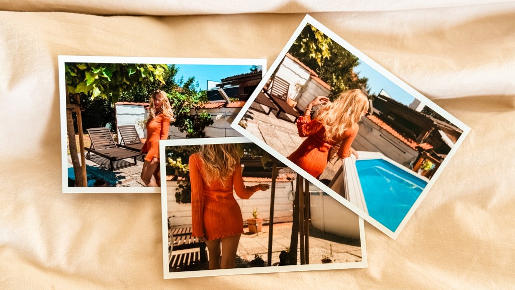 Three photo prints from Lalalab of myself by the pool in an orange dress